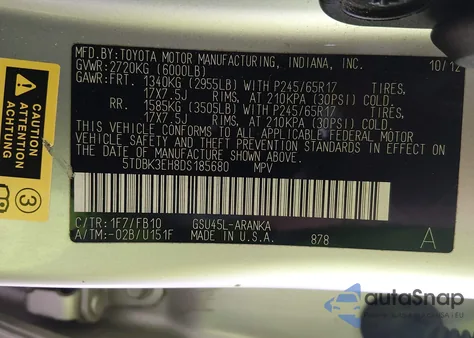 2013 Toyota Highlander Base V6 from USA, damaged, VIN 5TDBK3EH8DS185680